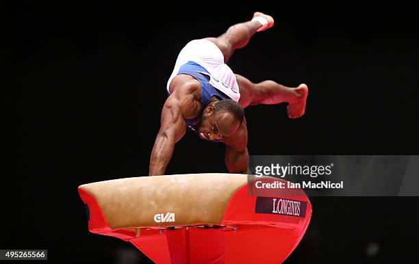 Donnell Whittenburg of United States competes on the vault during day ten of The World Artistic Gymnastics Championships at The SSE Hydro on November...