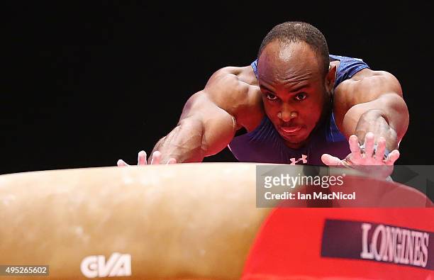 Donnell Whittenburg of United States competes on the vault during day ten of The World Artistic Gymnastics Championships at The SSE Hydro on November...