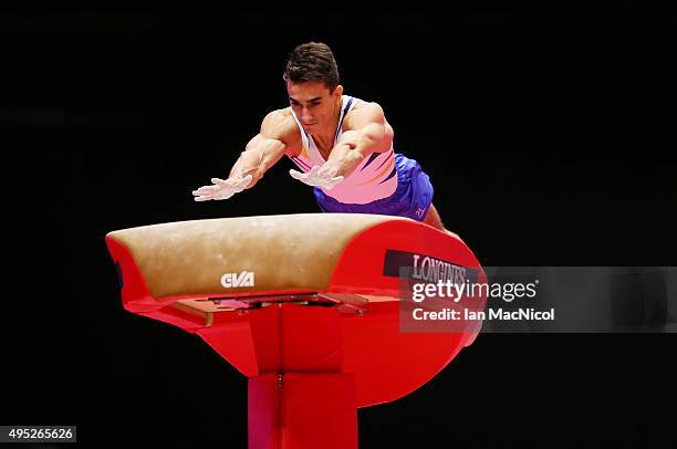 Marian Dragulescu of Romania competes on the vault during day ten of The World Artistic Gymnastics Championships at The SSE Hydro on November 01,...