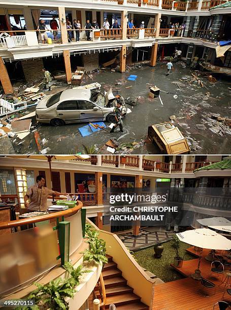 This combination photo shows Thai rescuers sorting through debris in the flooded basement area of the Sea Pearl Beach resort in the southern island...