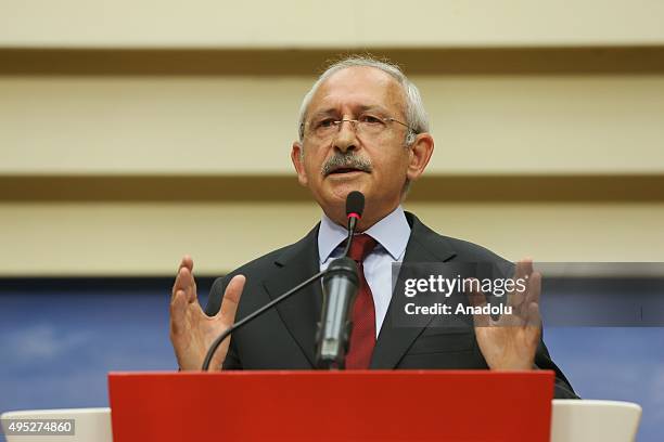 Republican People's Party leader Kemal Kilicdaroglu attends a press conference after the preliminary results of Turkeys 26th general election in...