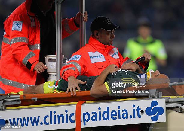 Rodrigo Dias Da Costa Alex of AC Milan is stretchered off injured during the Serie A match between SS Lazio and AC Milan at Stadio Olimpico on...