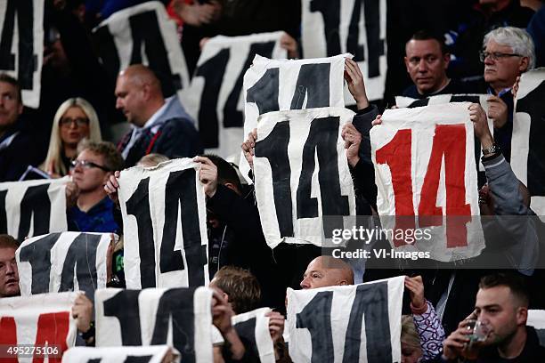 Supporters of Ajax honors of Johan Cruijff during the Dutch Eredivisie match between Ajax Amsterdam and Roda JC Kerkrade at the Amsterdam Arena on...