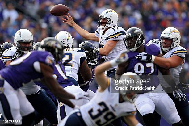 Quarterback Philip Rivers of the San Diego Chargers makes a pass against the Baltimore Ravens during the first half at M&T Bank Stadium on November...