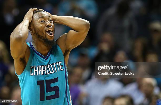 Kemba Walker of the Charlotte Hornets reacts after a play during their game against the Atlanta Hawks at Time Warner Cable Arena on November 1, 2015...