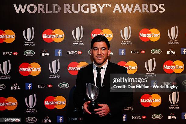 Nehe Milner-Skudder of New Zealand poses after receiving the Breakthrough Player of the Year award during the World Rugby via Getty Images Awards...