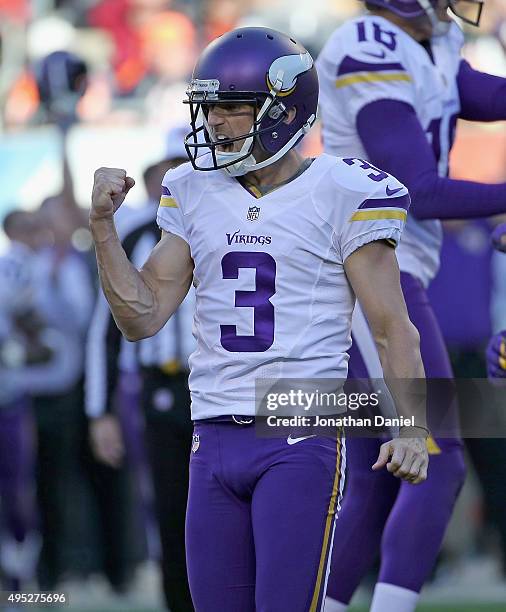 Blair Walsh of the Minnesota Vikings celebrates after kicking the game-winning field goal against the Chicago Bears at Soldier Field on November 1,...
