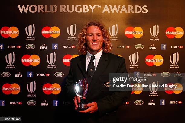 Werner Kok of South Africa poses after receiving the Men's 7's Player of the Year award during the World Rugby via Getty Images Awards 2015 at...