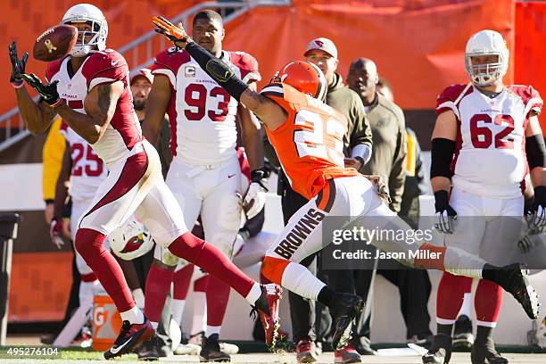 Wide receiver Michael Floyd of the Arizona Cardinals catches a touchdown pass while under pressure from cornerback Joe Haden of the Cleveland Browns...