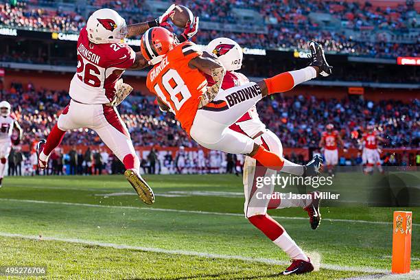 Free safety Rashad Johnson of the Arizona Cardinals intercept a pass intended for wide receiver Taylor Gabriel of the Cleveland Browns during the...