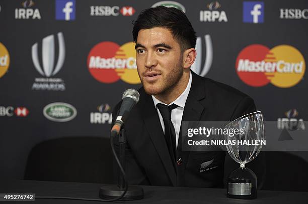 New Zealand rugby union player Nehe Milner-Skudder speaks to the media after winning the Breakthrough Player of the Year award at the World Rugby...