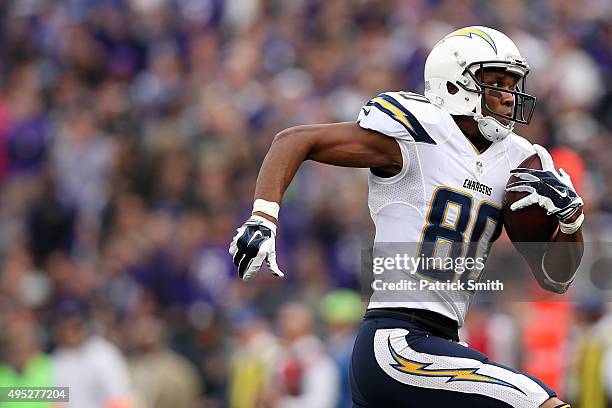 Wide receiver Malcom Floyd of the San Diego Chargers scores a third quarter touchdown against the Baltimore Ravens at M&T Bank Stadium on November 1,...