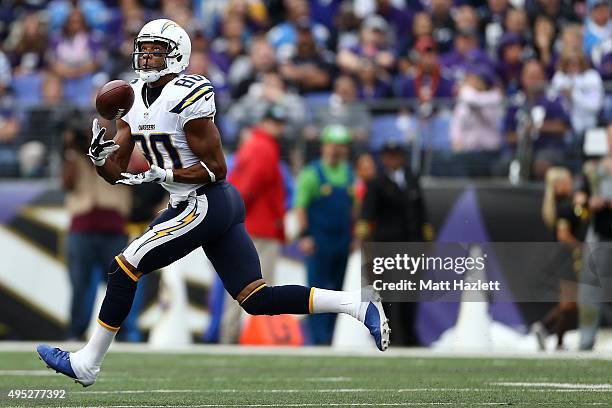 Wide receiver Malcom Floyd of the San Diego Chargers scores a third quarter touchdown during a game against the Baltimore Ravens at M&T Bank Stadium...