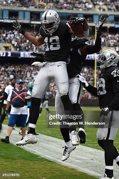 Andre Holmes and Marcel Reece of the Oakland Raiders celebrate after a 49-yard touchdown against the New York Jets during their NFL game at O.co...