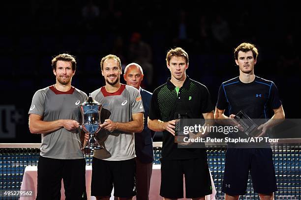 Doubles Champions Alexander Peya of Austria and Bruno Soares of Brazil with runners-up Jamie Murray of Scotland and John Peers of Australia at the...