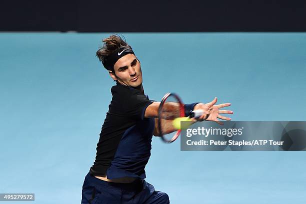 Roger Federer of Switzerland in action in his win over Rafael Nadal of Spain at the Swiss Indoors Basel at St. Jakobshalle on November 1, 2015 in...