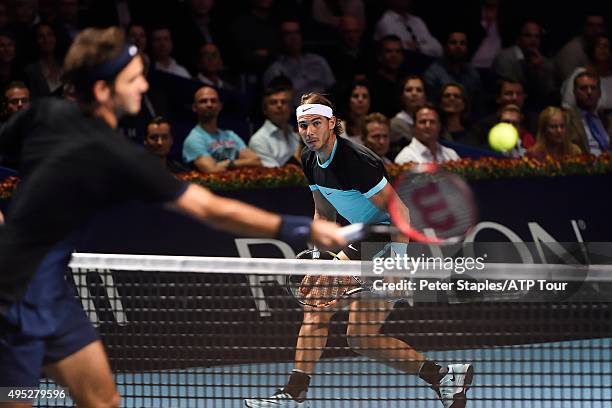 Roger Federer of Switzerland in action against Rafael Nadal of Spain at the Swiss Indoors Basel at St. Jakobshalle on November 1, 2015 in Basel,...