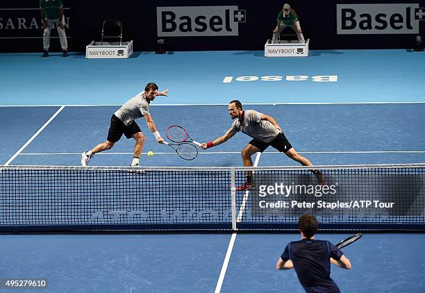 Doubles Champions Alexander Peya of Austria and Bruno Soares of Brazil in action against Jamie Murray of Scotland and John Peers of Australia at the...