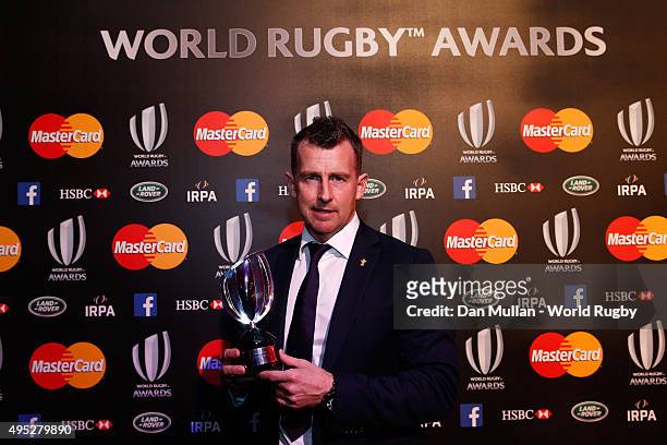 Referee Nigel Owens of Wales poses after receiving the World Rugby via Getty Images Referee award during the World Rugby via Getty Images Awards 2015...