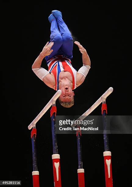 Nile Wilson of Great Britain competes on the Parallel Bars during day ten of The World Artistic Gymnastics Championships at The SSE Hydro on November...