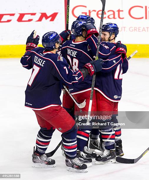 Craig Cunningham of the Springfield Falcons celebrates his goal with teammates Greg Carey, Dustin Jeffrey, Steven Delisle and Justin Hache during an...