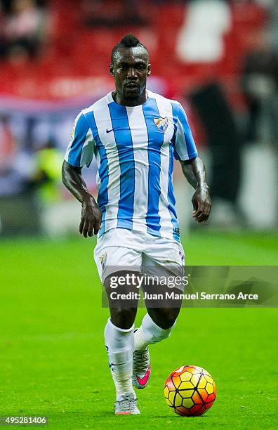 Arthur Boka of Malaga CF controls the ball during the La Liga match between Real Sporting de Gijon and Malaga CF at Estadio El Molinon on November 1,...