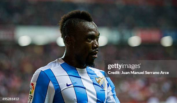 Arthur Boka of Malaga CF reacts during the La Liga match between Real Sporting de Gijon and Malaga CF at Estadio El Molinon on November 1, 2015 in...