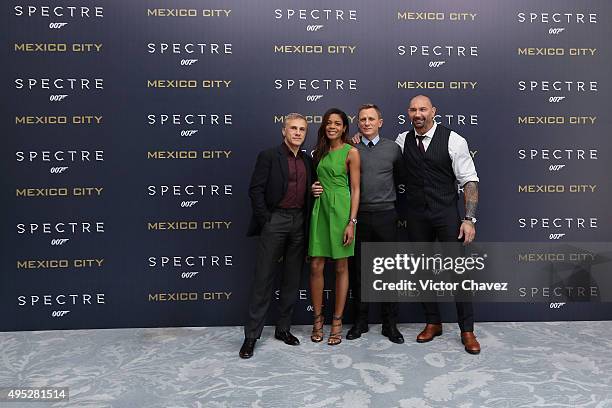 Actor Christoph Waltz, actress Naomie Harris and actors Daniel Craig and Dave Bautista attend a photo call to promote the new film "Spectre" on...