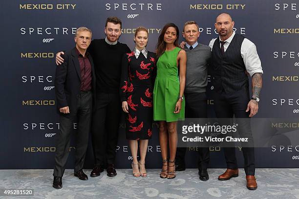 Actor Christoph Waltz, actresses Naomie Harris, Lea Seydoux and actors Daniel Craig and Dave Bautista attend a photo call to promote the new film...