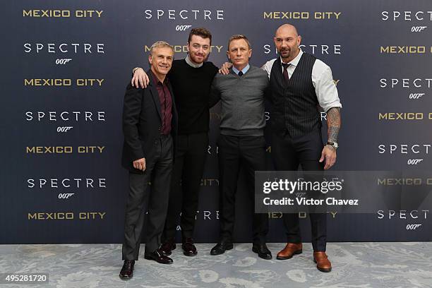 Actors Christoph Waltz, Sam Smith, Daniel Craig and Dave Bautista attend a photo call to promote the new film "Spectre" on November 1, 2015 in Mexico...