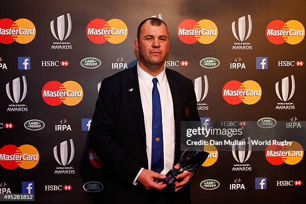 Michael Cheika of Australia poses after receiving the World Rugby via Getty Images Coach of the Year award during the World Rugby via Getty Images...