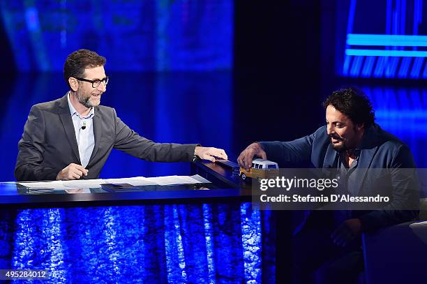 Fabio Fazio and Enrico Brignano attend 'Che Tempo Che Fa' Tv Show on November 1, 2015 in Milan, Italy.