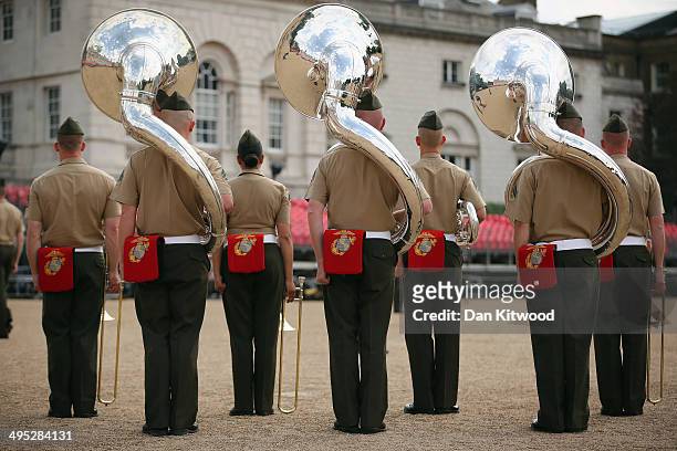 Members of the Royal Marines rehearse for the ceremonial 'Beating Retreat' event on Horse Guards Parade on June 2, 2014 in London, England. The event...