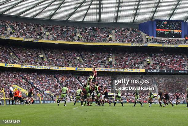 Mouritz Botha of Saracens wins a line-out during the Aviva Premiership Final between Saracens and Northampton Saints at Twickenham Stadium on May 31,...