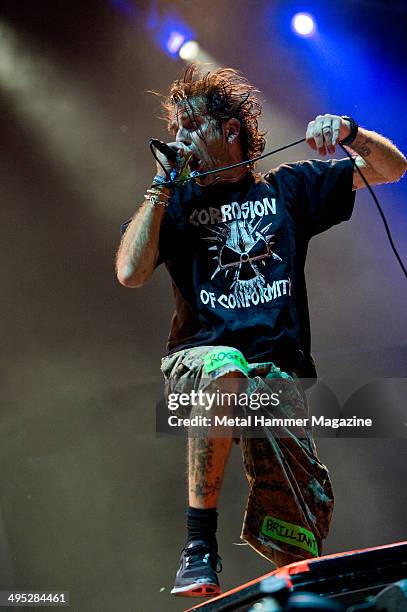 Frontman Randy Blythe of American heavy metal group Lamb Of God performing live on stage at Bloodstock Open Air festival in Derbyshire, England, on...