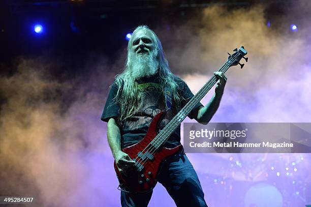 Bassist John Campbell of American heavy metal group Lamb Of God performing live on stage at Bloodstock Open Air festival in Derbyshire, England, on...