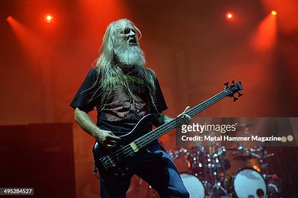 Bassist John Campbell of American heavy metal group Lamb Of God performing live on stage at Bloodstock Open Air festival in Derbyshire, England, on...