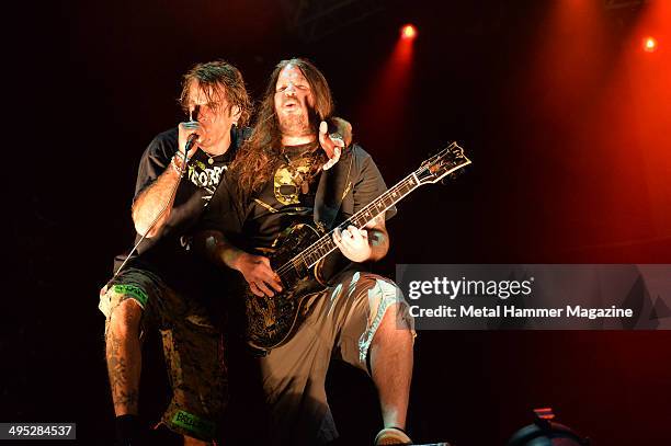 Frontman Randy Blythe and guitarist Willie Adler of American heavy metal group Lamb Of God performing live on stage at Bloodstock Open Air festival...