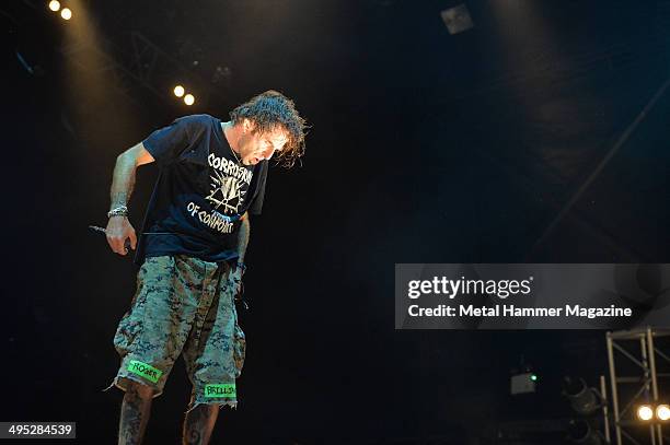 Frontman Randy Blythe of American heavy metal group Lamb Of God performing live on stage at Bloodstock Open Air festival in Derbyshire, England, on...