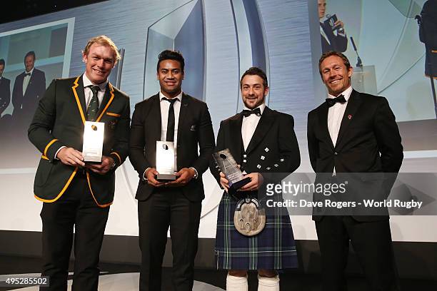 Schalk Burger of South Africa, Julian Savea of New Zealand, Greig Laidlaw of Scotland receive the Societe Generale Dream Team award from Jonny...