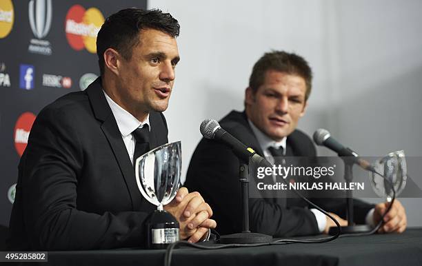 New Zealand Rugby Union player Daniel Carter speaks to the media after winning the Player of the Year Award at the World Rugby Awards in London on...