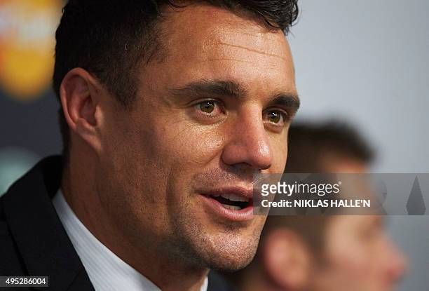 New Zealand Rugby Union player Daniel Carter speaks to the media after winning the Player of the Year Award at the World Rugby Awards in London on...