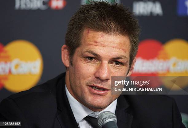 New Zealand Rugby Union captain Richie McCaw speaks to the media after winning Team of the Year Award at the World Rugby Awards in London on November...