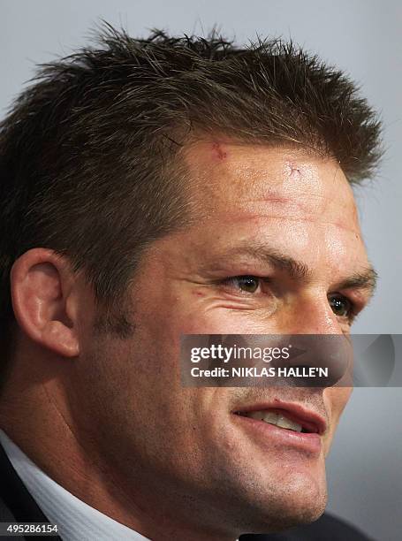 New Zealand Rugby Union captain Richie McCaw speaks to the media after winning Team of the Year Award at the World Rugby Awards in London on November...