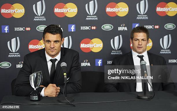 New Zealand Rugby Union Daniel Carter speaks to the media after winning Player of the Year Award at the World Rugby Awards in London on November 1,...