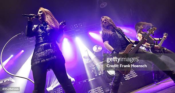 Simone Simons, Rob van der Loo and Isaac Delahaye of the Dutch band Epica perform live during a concert at the Huxleys on November 1, 2015 in Berlin,...