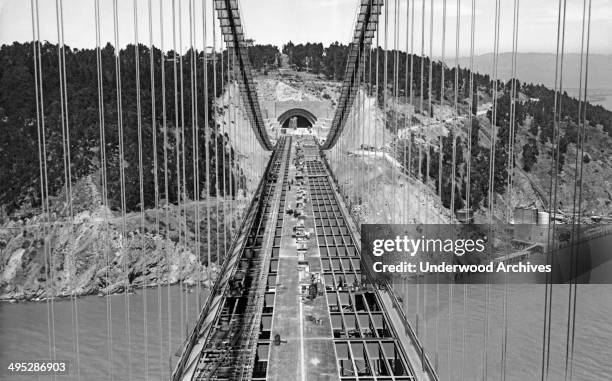 The construction of the San Francisco-Oakland Bay Bridge roadbed looking east towards the Yerba Buena Island tunnel, San Francisco, California, 1936.