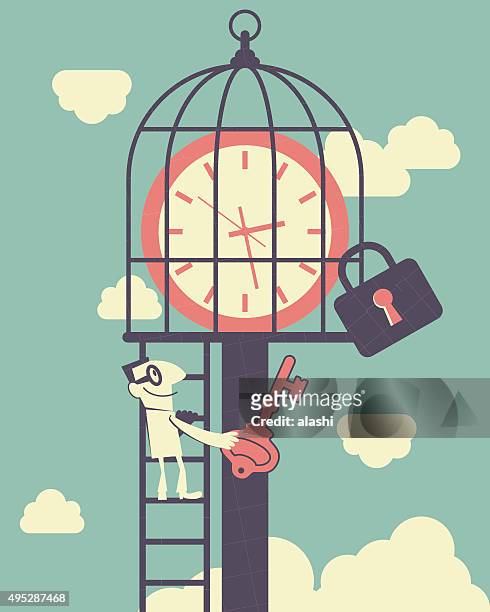 businessman climbing ladder, holding key, time clock in birdcage - climbs to all time high stock illustrations