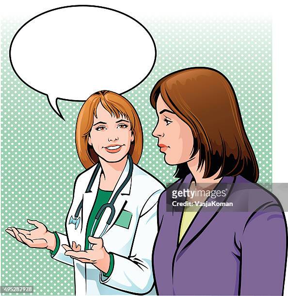 weiblich arzt mit patient - doctor speech bubble stock-grafiken, -clipart, -cartoons und -symbole