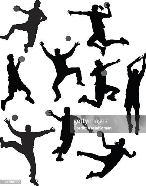 ilustraciones, imágenes clip art, dibujos animados e iconos de stock de juego de balonmano jugadores silhouetes - pelota vasca
